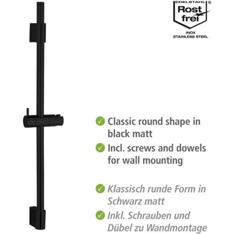 Wenko Asta per doccia Classic, asta per doccia con supporto per doccetta a mano per doccia o vasca in acciaio inossidabile con supporto a parete mobile, dimensioni (L/P x A): Ø 2,2 x 70 cm, nera