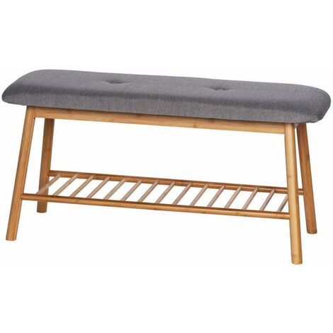 Wenko – Banc à chaussures en bambou 90x34x45 cm – Siège confortable – Étagère pour 4 à 6 paires – Revêtement gris polyester
