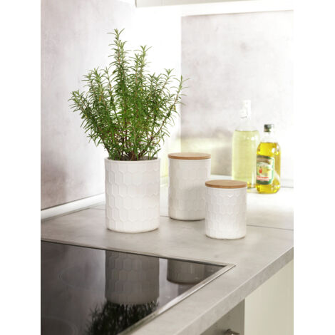 WENKO Barattolo Maya di ceramica di qualità bianca a nido d’api, barattolo lavabile in lavastoviglie con coperchio ermetico di bambù certificato FSC, 900 ml, Ø 11 x 16 cm