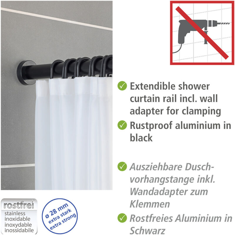 Wenko - Barre de douche extensible Luz noir, tringle rideau de douche télescopique avec adaptateur mural, fixation sans perçage par torsion,