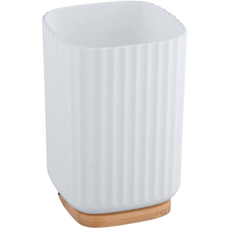Wenko Bicchiere Porta Spazzolini Rotello, Bicchiere per Spazzolini in Plastica e Fondo di Bambù, per Riporre Accessori Dell’Igiene Orale con Pratico Design Rigato, Ø 8,6 X 11,1 Cm, Bianco/Naturale
