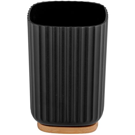 Wenko Bicchiere Porta Spazzolini Rotello, Bicchiere per Spazzolini in Plastica e Fondo di Bambù, per Riporre Accessori Dell’Igiene Orale con Pratico Design Rigato, Ø 8,6 X 11,1 Cm, Nero/Naturale