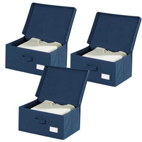 WENKO Boîte de rangement Tissu Air L, housse de rangement vêtement, couette, textiles, protection anti mites, Lot de 3, Polypropylène, 44x33x19 cm, bleu marine