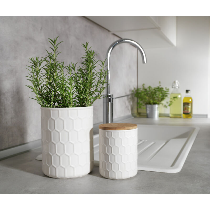 WENKO Boîte de conservation Maya, céramique blanche haute qualité avec structure de tissage, lavable au lave-vaisselle, couvercle en bambou certifié