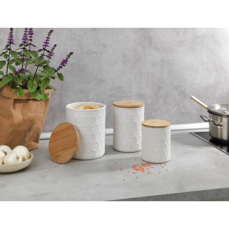 Wenko - Boîte de conservation Maya, céramique blanche, haute qualité avec structure de tissage, lavable au lave-vaisselle, couvercle en bambou