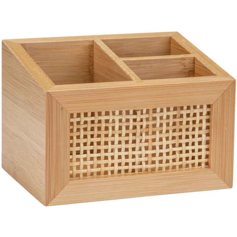 Image of Organizzatore per trucco Scatola per bagno Allegre, scatola decorativa con 3 scomparti pratici, stile bohémien in bambù e rattan di qualità,