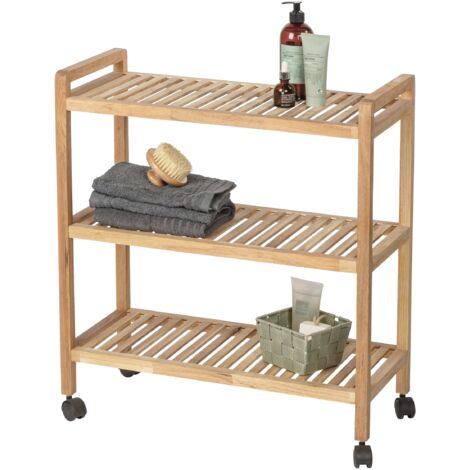 WENKO Carrello a 3 ripiani su ruote, carrello da bagno, modello Norway, in legno di noce, 65x72x31 cm