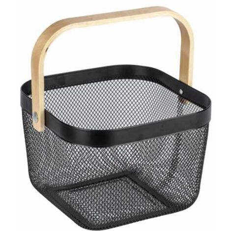 WENKO Cestino Bambusa, cestino portatutto in metallo con manico in legno di bambù, acciaio - bambù, 25x17x25 cm, nero/legno