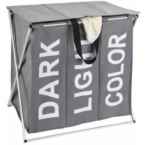 WENKO Cesto per la biancheria Trio Top a 3 scomparti, cesto per biancheria sporca con scomparto, design con scritta, capacità 118L, Poliestere - Alluminio, 57x57x38 cm, grigio