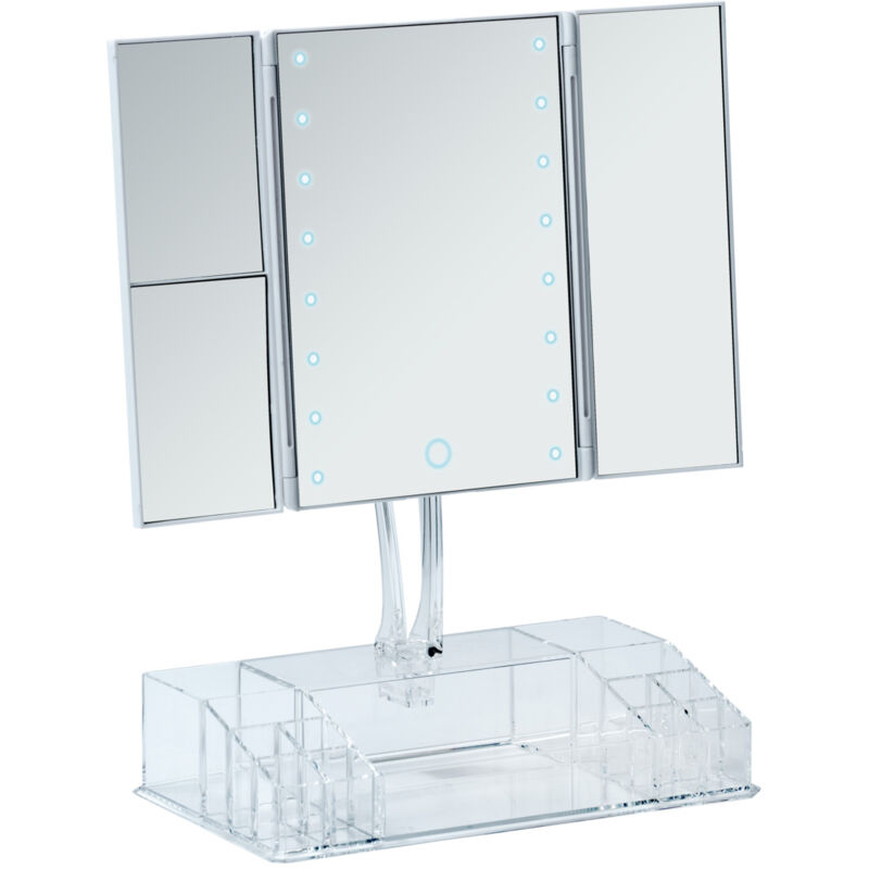 Miroir sur pied lumineux tactile à led Fanano Wenko 2X ou 3X, Espace de Rangement, 3 surfaces de miroir, Plastique, Verre, 34,5 x 39 x 16,5 cm, Blanc