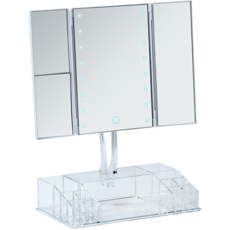 WENKO Coiffeuse Miroir lumineux tactile à LED Fanano, surface de miroir 100 % et grossissement de 2x ou 3x, avec espace de rangement, plastique - verre, 34,5 x 39 x 16,5 cm, transparent