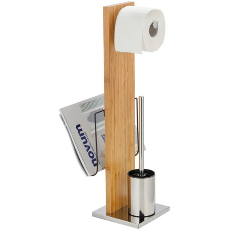 Wenko – Combiné WC 2en1 Portofino – Brosse WC et dérouleur papier toilette – Bambou et acier inox – Dimensions 24,5x68x22,5 cm – Marron et chromé