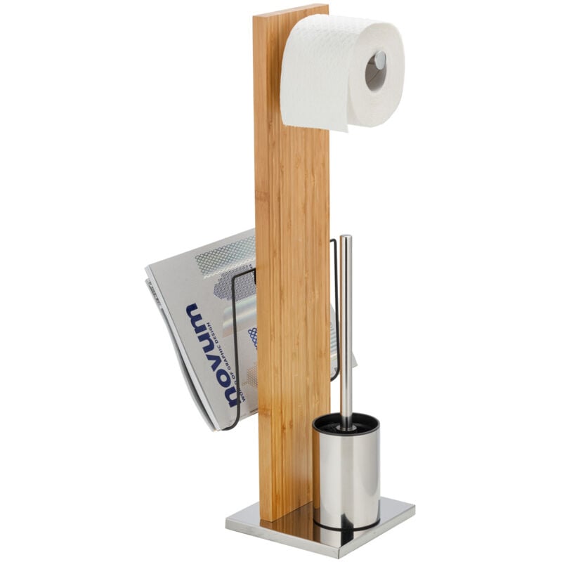 Combiné wc 2en1 Portofino, Brosse wc et dérouleur papier toilette, porte-revues, bambou - acier inox, 24,5x68x22,5 cm, marron - chromé - Wenko