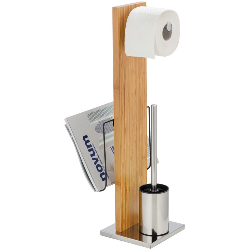Combiné wc 2en1 Portofino, Brosse wc et dérouleur papier toilette, porte-revues, bambou - acier inox, 24,5x68x22,5 cm, marron - chromé - Wenko