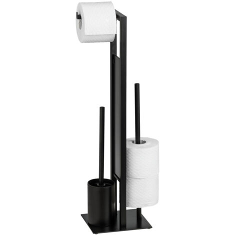 Wenko – Rack porte-papier toilette en acier laqué noir et verre trempé – Dimensions 18x23x70 cm – Avec brosse interchangeable et porte-rouleau