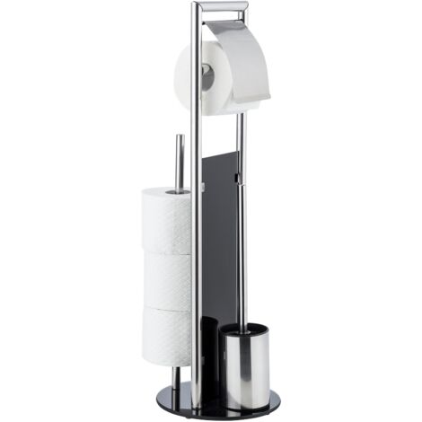 Wenko – Combiné WC Ravina 3en1 – Brosse WC et dérouleur papier toilette – Acier inox et verre trempé – Range jusqu'à 3 rouleaux – 20x70 cm