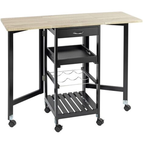 Wenko – Desserte de cuisine dépliante noire avec plateau chêne – Dimensions dépliées 97x77x37cm – 2 ailes rabattables pour 260% d'espace supplémentaire