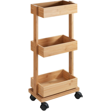 Wenko – Desserte salle de bain en bambou marron – 3 étagères – Dimensions L. 31 x l. 18 x H. 71,5 cm – Roulettes verrouillables pour sécurité
