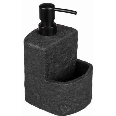 WENKO Dispenser di detersivo Festival Stone nero, dispenser ricaricabile, in ottica pietra di poliresina di qualità, con ripiano aggiuntivo per spugnetta, capacità 380 ml, 10,5 x 18 x 11 cm
