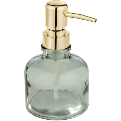 Wenko Dispenser per Sapone Atessa Menta, Raffinato Dispenser a Pompa in Vetro con Testa Della Pompa Dorata, Ricaricabile con Max. 200 Ml di Sapone Liquido, Ideale per Lavandini Del Bagno, Ø 8 X 14 Cm
