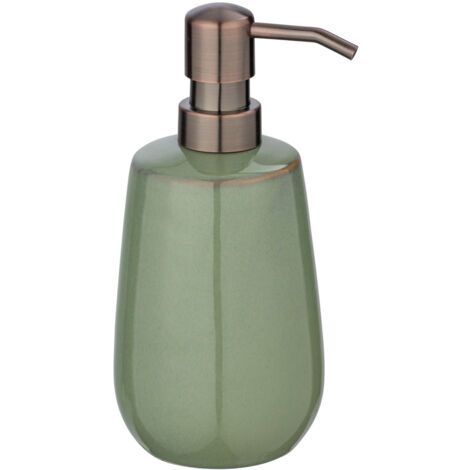 Wenko – Distributeur de savon liquide céramique vert sauge avec bord cuivre – Capacité 430 ml – Dimensions Ø 8 x 17,5 cm