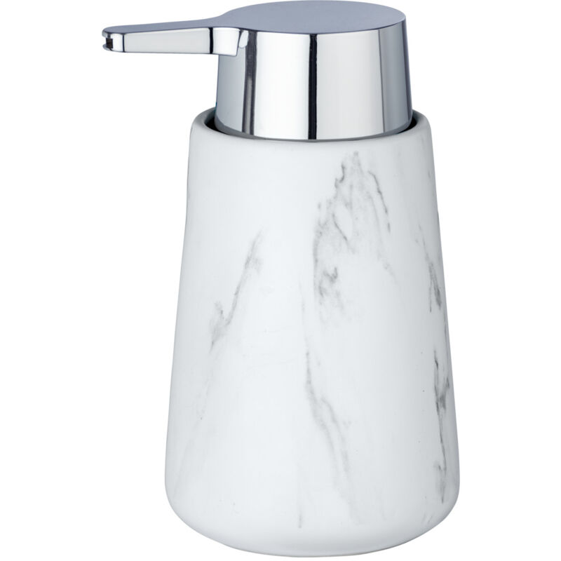 Distributeur Savon Liquide Adrada, Capacité 330 ml, céramique aspect marbre, 10,5x15x8,5 cm, blanc - gris - Wenko