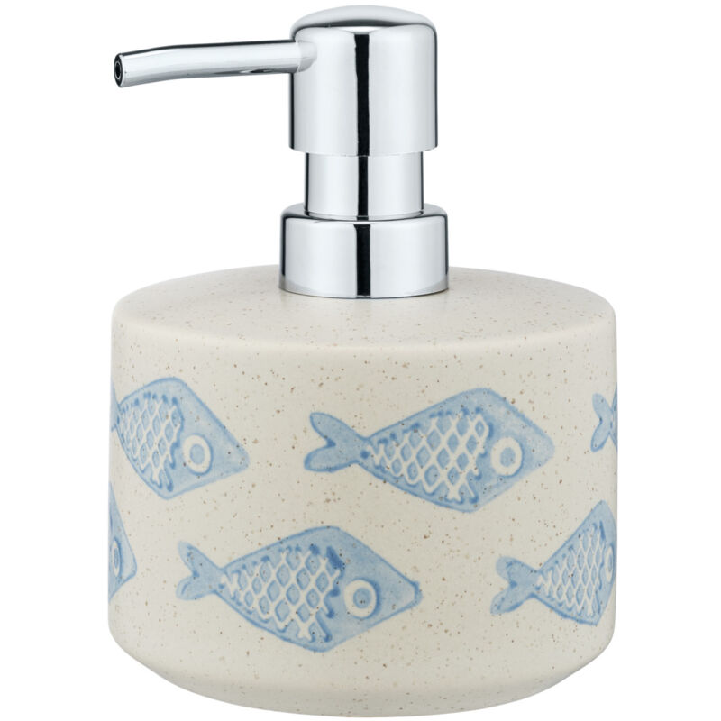 WENKO Distributeur Savon Liquide Aquamarin, Capacité 475 ml, céramique matte peinte à la main, Ø 10 x 13,2 cm, beige - bleu