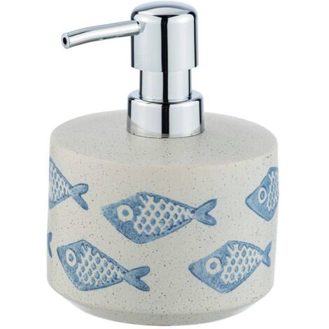 WENKO Distributeur Savon Liquide Aquamarin, Capacité 475 ml, céramique matte peinte à la main, Ø 10 x 13,2 cm, beige - bleu