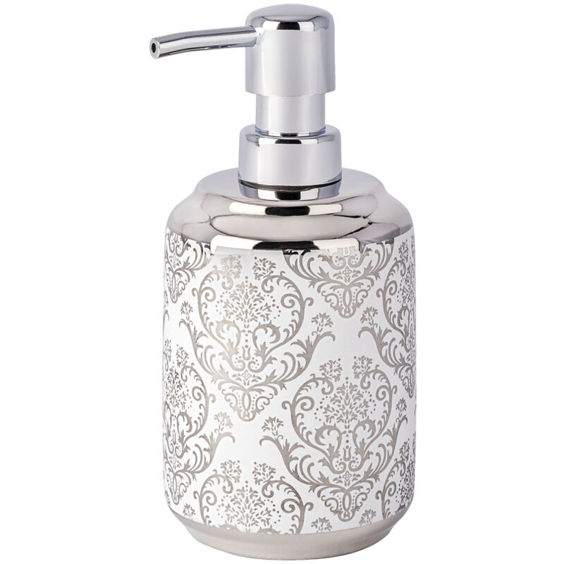 Distributeur Savon Liquide, Barock, Capacité 400 ml, céramique avec impression ornement argenté, 8x16,5x9 cm, Blanc - Wenko