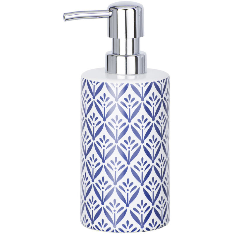 Distributeur Savon Liquide Lorca, Capacité 360 ml, céramique avec impression, 8,5x18x7 cm, bleu - blanc - Wenko
