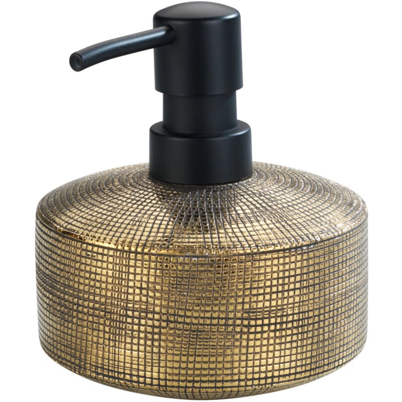 Wenko - Distributeur Savon Liquide en céramique 400ml Rivara Rechargeable, Antifuite, Céramique à relief peint à la main fini or, 10,5 x 12 cm, Doré