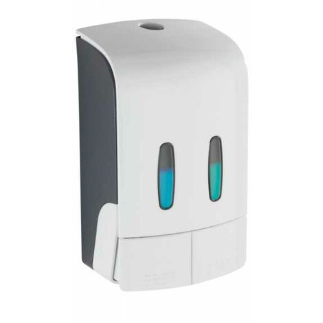 WENKO Distributore di sapone liquido da parete Tartas, distributore di gel igienizzante per le mani da parete, senza foratura, Capacità 2x480 ml, Plastica, 14,5x24x9 cm, bianco