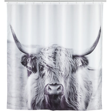 WENKO Duschvorhang Yak, Textil (Polyester), 180 x 200 cm, waschbar, Weiß, Polyester weiß  schwarz