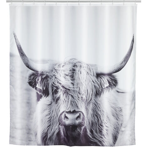 WENKO Duschvorhang Yak, Textil (Polyester), 180 x 200 cm, waschbar, Weiß, Polyester weiß schwarz