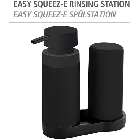 WENKO Easy Squeez-e Spülstation Schwarz, Spülbecken-Organizer, Schwarz, Polyresin schwarz, Silikon schwarz, Kunststoff (ABS) schwarz