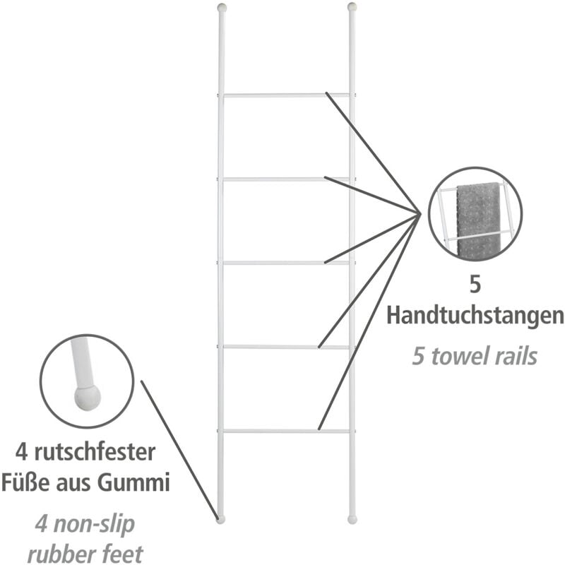 Echelle Porte Serviette Viva Wenko Sèche-serviettes à poser, 5 Barres, Grande surface de rangement, Pieds antidérapants, Acier vernis,