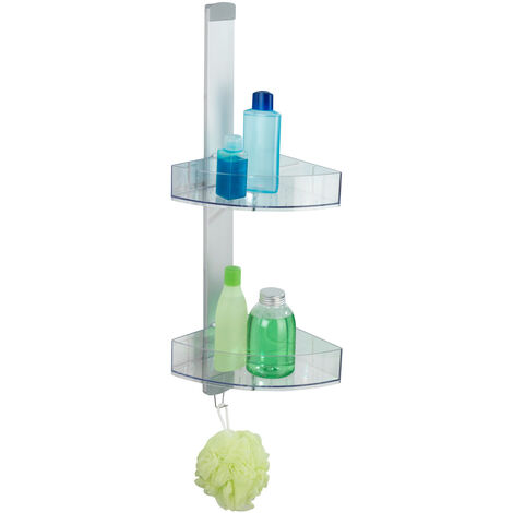 WENKO Eck-Duschcaddy Premium, mit 2 Ablagen und Edelstahl-Haken, Silber matt, Aluminium silber matt, Kunststoff transparent