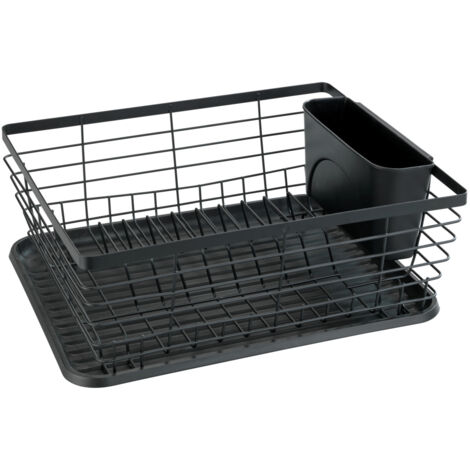 Wenko – Égouttoir à vaisselle en métal noir – Bac d'égouttage amovible – Porte-assiette et panier à couverts inclus – Dimensions 36x30,3x15 cm