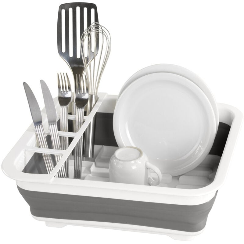 Egouttoir vaisselle pliable Gaia, égouttoir à vaisselle plastique, porte-couverts et support assiettes, plastique, 36,5x13x31 cm, blanc - gris - Wenko