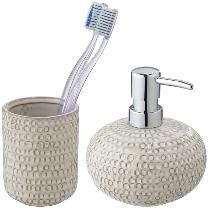 Distributeur de savon Wenko céramique beige 2 pièces set salle de bain accessoires salle de bain gobelet brosse à dents céramique distributeur de
