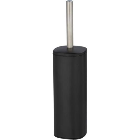 WENKO Ensemble WC sur pied Alassio, porte-brosse fermé avec brosse WC, tête de brosse remplaçable de Ø 8,5 cm en noir, en acier inox satiné, 9,3 x 39,2 x 9,3 cm, noir mat