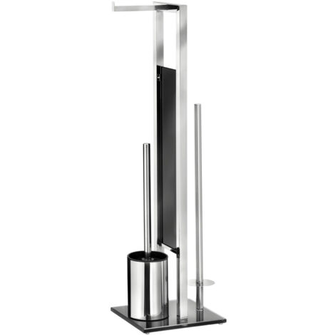 Wenko – Ensemble WC sur pied en acier inoxydable et verre noir – Porte-papier toilette et brosse WC – Design moderne et élégant – Autoportant