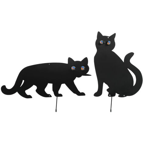 WENKO Epouvantail oiseau en forme de Chat, Epouvantail de jardin, éloigne les oiseaux indésirables du jardin, Lot de 2, Yeux Verre - Fer, 37x24 cm, Yeux multicolore - Noir - Noir