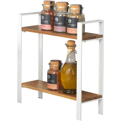 Wenko – Étagère à épices 2 niveaux en bois d'acacia et métal blanc – Dimensions 32 x 33 x 11 cm – Pieds antidérapants pour stabilité