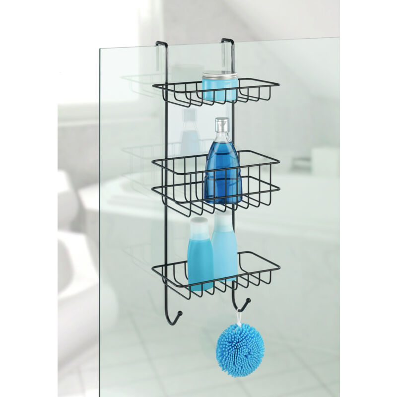 Tagère de douche Revigo, étagère pour salle de bain à suspendre avec trois supports de rangement carrés sous forme de paniers en treillis métallique
