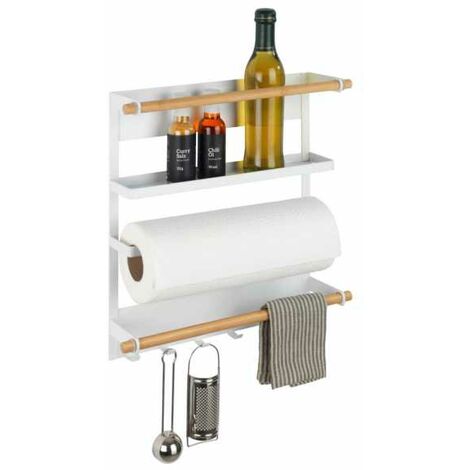 WENKO Etagère magnétique réfrigérateur Magna, avec étagère porte épice, dérouleur sopalin magnétique et crochets suspension ustensiles de cuisine, métal - bambou, 33x34x8 cm, blanc