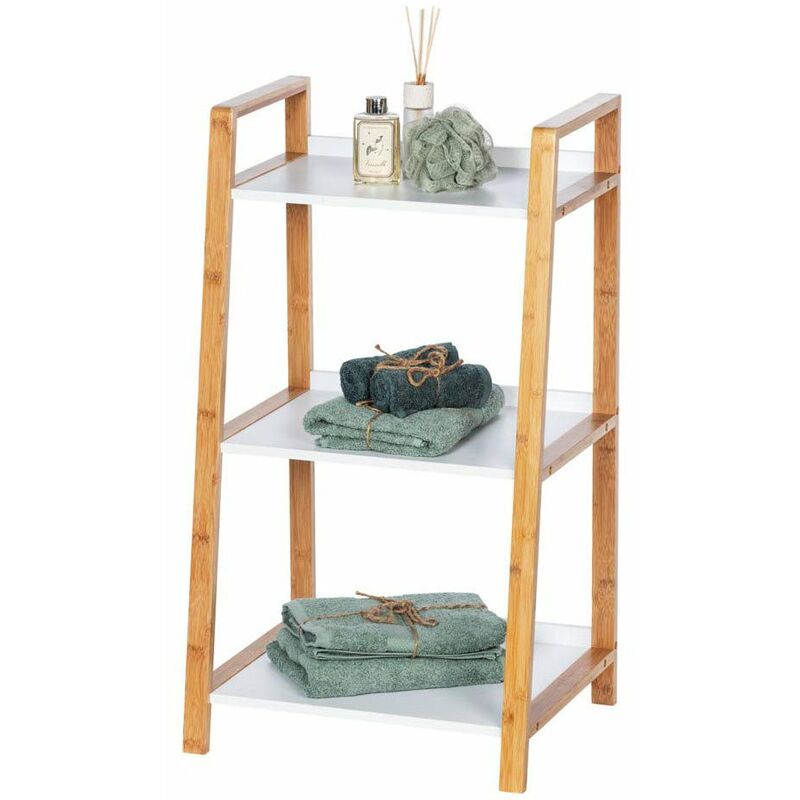 Wenko – Étagère à trois niveaux blanche en bambou – Rangement compact pour salle de bain – Design léger et mobile – Optimise l'espace