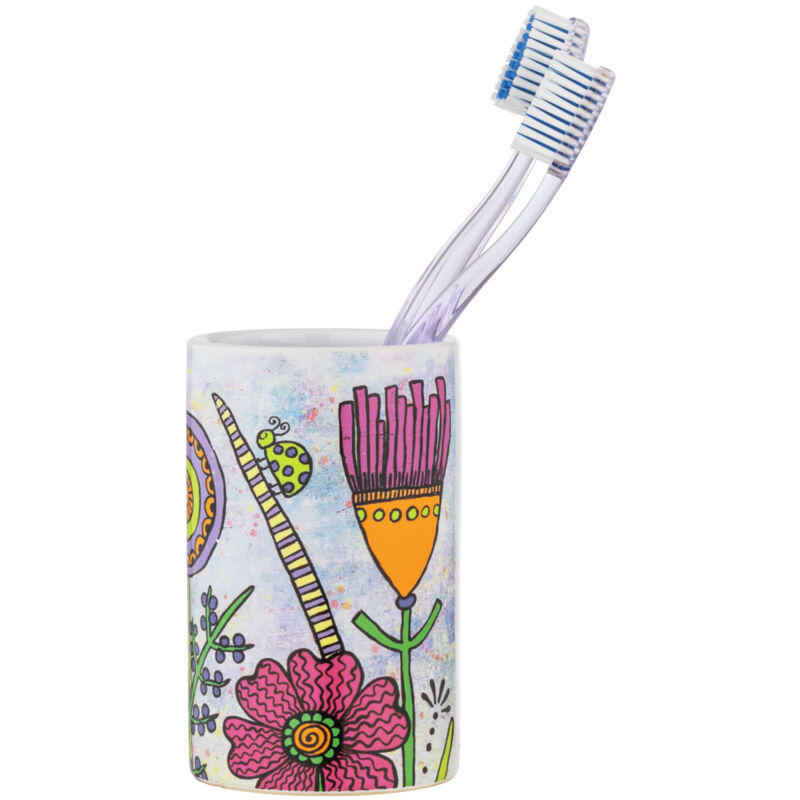 Gobelet de brosse à dents Rollin'Art Full Bloom, porte-brosse à dents en céramique de qualité imprimée avec motif champ de fleurs coloré, gobelet