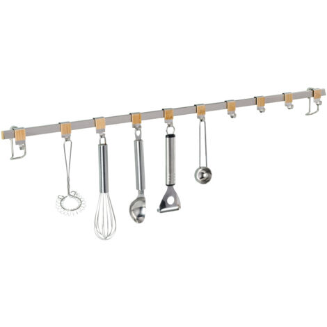 Hakenleiste Premium mit 10 Haken Wandhaken Küchenhaken Edelstahl und Bambus 80cm