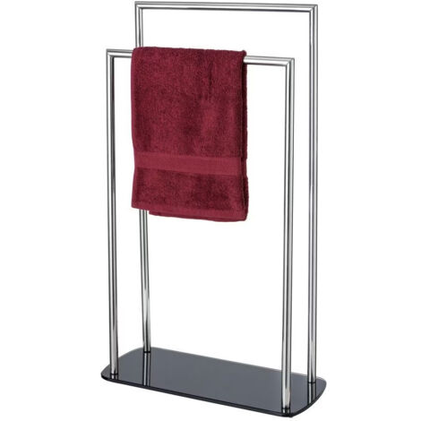 WENKO Handtuchhalter Ravina Edelstahl glänzend, Handtuchständer mit Bodenplatte aus Glas, Silber glänzend, Edelstahl rostfrei silber glänzend, Gehärtetes Glas schwarz
